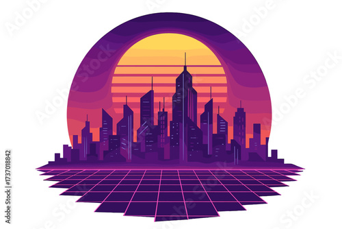 1980s retro futuristic city landscape in synthwave style. Neon cityscape with skyscrapers over a digital cyber grid. Retrowave background with sunset for a music album cover.