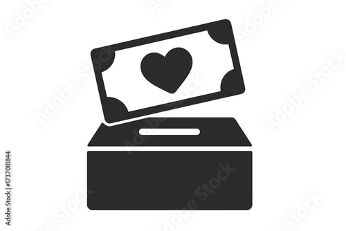 Donation box with generous offer. Cash bill with heart, kind money. Vector flat glyph icon. Charity, donation, volunteering, philanthropy, help, support, giving, fundraising.