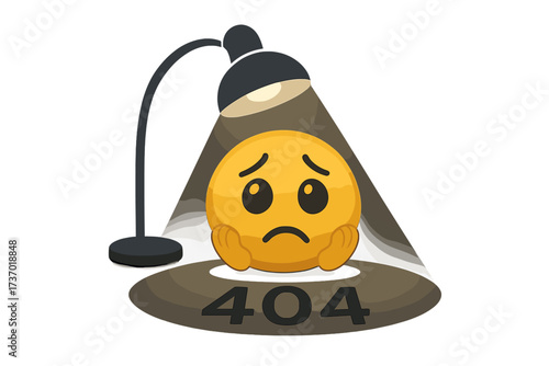 404 error page not found concept with a sad emoticon under a lamp spotlight. Website problem, connection issue, or technical difficulties vector illustration for web design.