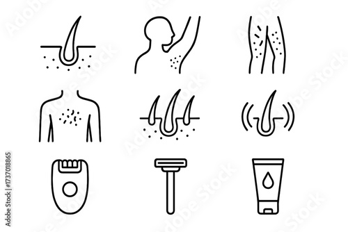 Hair removal icon set. Depilation, epilation, shaving concepts. Skin irritation, razor bumps, ingrown hair, folliculitis and strawberry legs problem. Dermatology and beauty line icons.