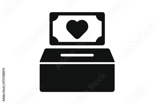 Donation box with money and heart icon. Concept of charity, philanthropy, helping, and support. Vector glyph symbol for volunteering, fundraising, and social aid.