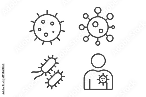 Virus, bacteria, and infection line icon set. Thin vector illustration of microbes, germs for healthcare concepts. Symbol for disease, pandemic, flu, and coronavirus outbreak.