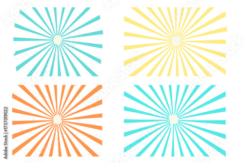 Collection of retro sunburst backgrounds. Vintage colorful starburst patterns with radial sunbeams. Vector graphic for pop art design, comic book explosion or advertising posters.