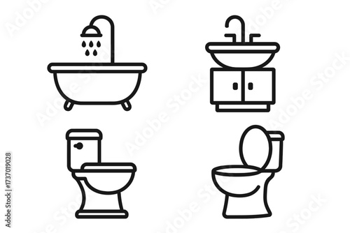 Bathroom line icon set. Restroom and washroom concept. Toilet, sink, vanity, bathtub, shower. Hygiene and sanitation symbols. Vector furniture pictogram. Minimal outline graphic design element.