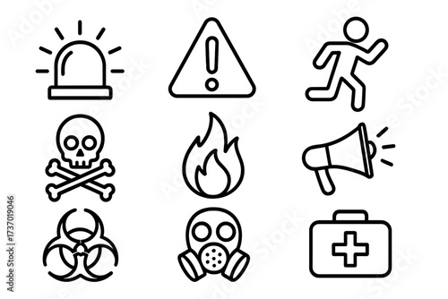 Vector line icon set for emergency situations. Black and white symbols for warning, danger, hazard, and safety. Includes alarm, fire, biohazard, poison, first aid, and gas mask.