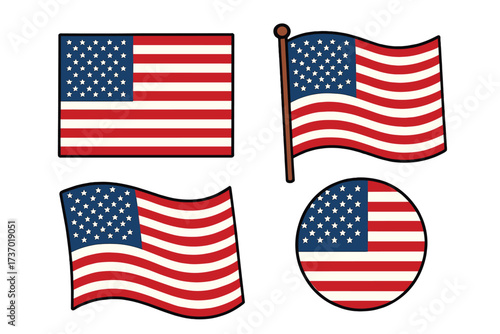 Set of American flags. USA national symbol in flat cartoon style. Waving flag on pole, rectangular shape, and circle icon. United States patriotic vector illustration collection.