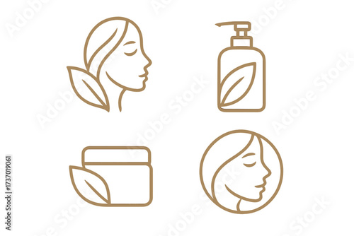 Luxury cosmetic logo collection. Minimal line art icon set for natural skin care brand identity. Elegant woman face, leaf and bottle symbols for a beauty spa business vector.
