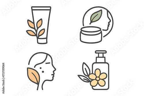 Set of natural cosmetic and skincare vector icons. Logo design concepts for organic beauty products. Line art of cream tube, lotion dispenser, face treatment, herbal spa, dermatology.