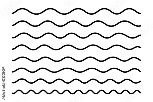 Set of wavy, curved lines. Vector graphic design element. Abstract background with undulating, zigzag pattern. Sea, water, soundwave, and vibration concept illustration.