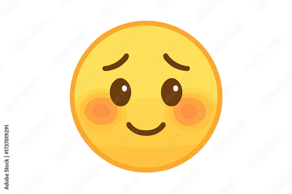 Fototapeta premium Shy blushing emoji vector illustration. Cute smiley face emoticon feeling bashful and embarrassed. Yellow cartoon character for social media chat and messaging apps. Emotion icon.
