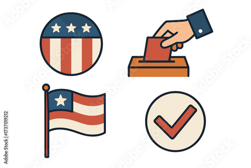 Vote sticker set for USA election. American patriotic icon collection. Hand with ballot box, US flag, and check mark symbols. Political campaign and democracy concept illustration.