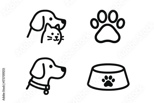 Pet logo icon collection. Vector set of simple line art symbols for pet shop, veterinary clinic, animal shelter. Dog and cat heads, paw print, food bowl. Minimalist design.