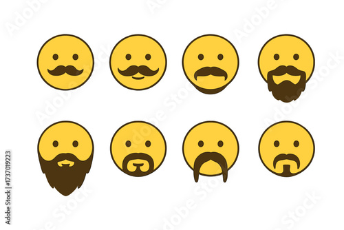 Vector set of yellow emoticons with various moustaches and beards. Male smiley face character pack. Flat icon design with different facial hair styles for man avatars.