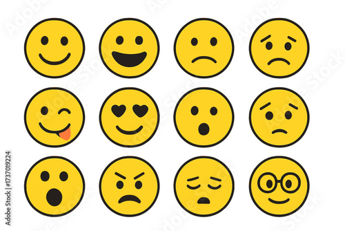 Vector emoji set with various emotions. Collection of yellow smiley face emoticons showing different feelings. Happy, sad, angry, love, and surprised facial expressions icon pack.