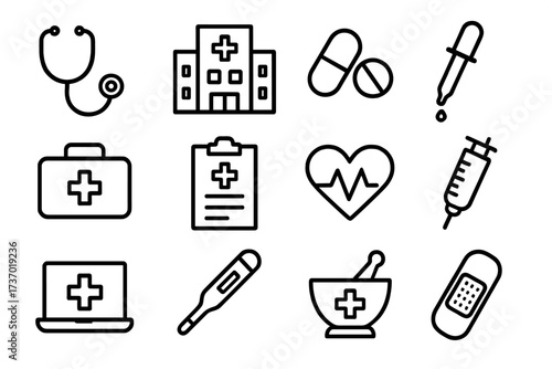 Medical line icon set. Healthcare and medicine symbols for hospital, clinic, or pharmacy. Doctor and emergency equipment pictogram. Stethoscope, syringe, pill, first aid kit.