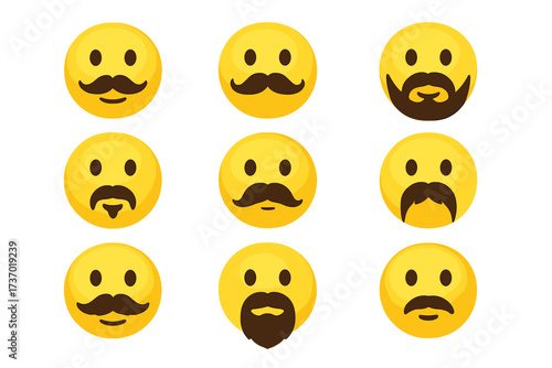Moustache and beard emoji vector set. Emoticon smiley face character collection. Man facial hair styles icon pack. Funny hipster cartoon avatar for chat or web. Isolated graphic.