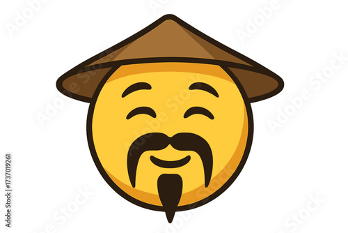 Asian emoticon vector illustration. Happy yellow smiley face with traditional Chinese conical hat, mustache and beard. Emoji character icon for culture and communication concepts.