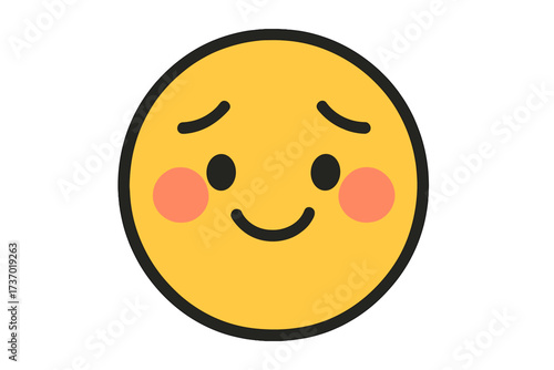 Shy emoticon vector emoji of a cute smiley face. Blushing cheeks and timid expression concept for bashful, modest or embarrassed feelings. Yellow cartoon character icon design.