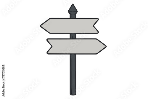Choice between order and chaos concept. Signpost with two opposite direction arrows. Metaphor for decision, dilemma, strategy, and path. Blank empty sign for text. Vector.