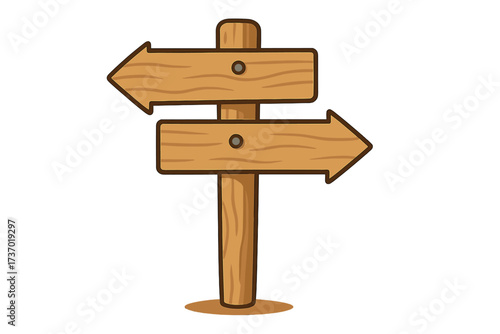 Wooden signpost with two blank arrows pointing in opposite directions. Metaphor for choice, decision, dilemma, and crossroads. Concept for strategy, guidance, and path.