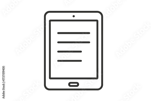 Tablet device icon with text on screen. Modern vector thin line illustration. E-reader, digital book or document concept. Simple pictogram for web, app, ui, ux design.