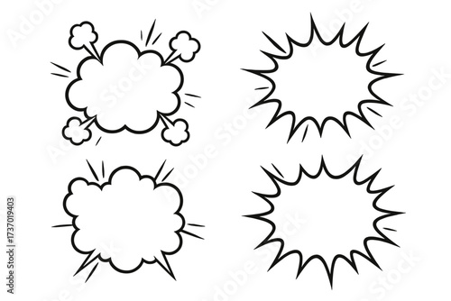 Comic speech bubble and explosion burst set. Cartoon pop art clouds for text and dialogue. Manga style boom, pow, and bang effects. Vector illustration for surprise or action.