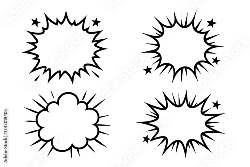 Set of comic speech bubbles and explosion shapes. Vector pop art illustration. Cartoon bang, pow sound effects. Black and white burst frames for text. Isolated graphic elements.