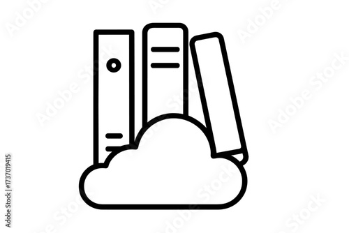 Cloud storage for digital library files. Vector line icon for online data services, document backup, information archiving, and e-learning concepts. Cloud computing server.