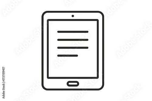 Tablet device thin line icon with text document. Modern trendy vector illustration for e-reading, online education, and digital content. Simple pictogram for web or mobile app.