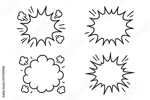 Comic speech bubble collection. Cartoon explosion burst and bang cloud set. Pop art doodle frames for text. Hand drawn vector illustration. Shock, surprise and action effect.