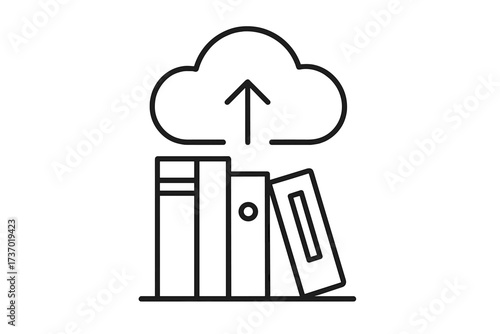 Online digital library concept. Books uploading to cloud storage. E-learning, modern education, and data backup service. Digital archive. Vector thin line icon illustration.