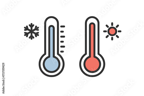 Thermometer vector icon set showing hot and cold temperature. Weather forecast symbol with sun and snowflake. Healthcare concept for fever, flu, virus. Meteorology measurement.