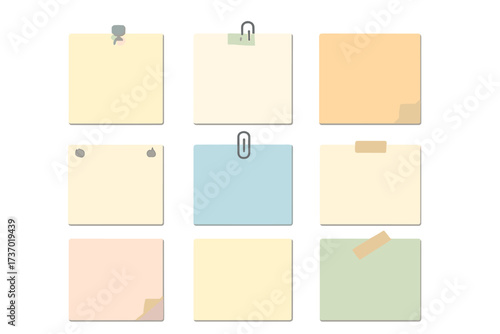 Collection of colorful sticky notes. Blank memo paper sheets with curled corners. Notes attached with thumbtacks, paper clips, and tape. Vector set for office stationery.