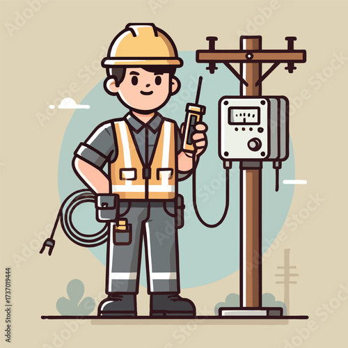Cartoon Illustration of an Electrician with a Yellow Hard Hat Inspecting Utility Pole Cables