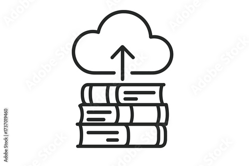 Online digital library and e-learning concept. Books uploading to cloud storage for information archive and data backup. Vector line icon for knowledge database and education.