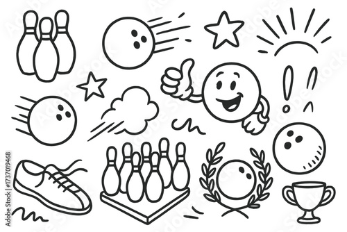 Set of bowling doodles. Hand drawn sketch collection of fun cartoon elements. Vector illustration of bowling ball, pin, shoe, and trophy for sports design and game enthusiasts.