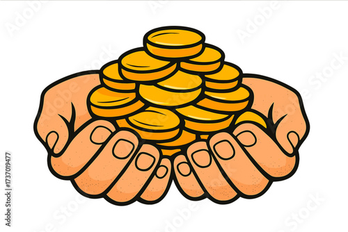 Hands holding gold coins vector illustration. St. Patrick's Day luck and wealth concept. Pile of money in palms. Finance, savings, treasure, and profit in retro halftone style.