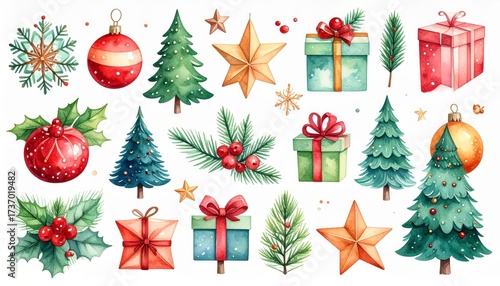 Set of christmas watercolor elements. Holidays clipart for christmas card sticker and print. Festive season graphic resource. hand drawn winter holiday image for craft project