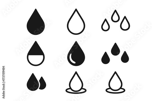 Water drop icon set. Collection of liquid droplet symbols. Rain, tear, oil, aqua pictograms. Flat simple vector graphic element. Drip, splash, clean, pure, nature concept.