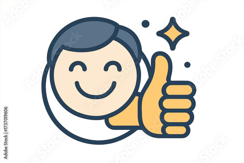 Happy character with thumbs up. Positive feedback. Customer satisfaction, good review, quality service, approval, like, and agreement vector icon. Best choice concept.
