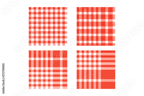Gingham pattern set. Seamless red and white checkered plaid vector collection. Classic country picnic tablecloth background. Retro textile fabric texture design illustration for print.