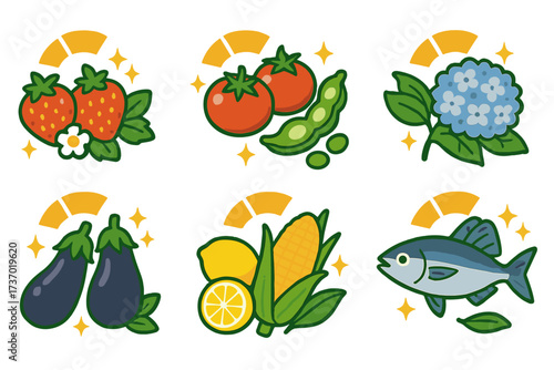 Set of Japanese seasonal food icons. Freshness meter concept for summer produce. Vector illustration collection of strawberry, tomato, corn, eggplant, fish, and hydrangea flower.