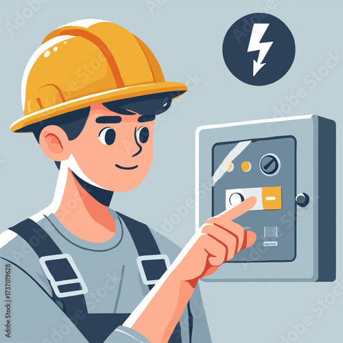 Electrician with Safety Helmet Adjusting Circuit Breaker Panel on Flat Illustration