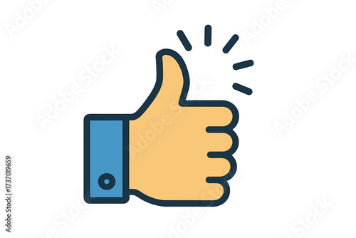 Thumbs up like symbol for social media. Positive feedback and approval gesture. OK hand sign. Certified quality icon. Vector flat outline illustration for success and agreement.