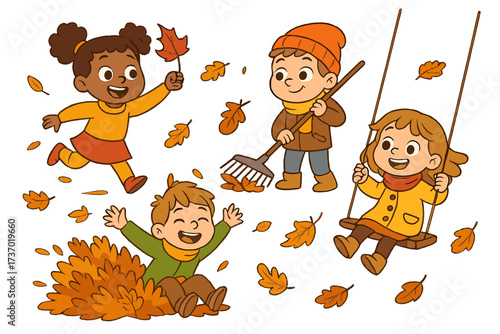 Set of cute diverse children enjoying autumn. Kids playing with falling leaves, raking, swinging, jumping in a leaf pile. Outdoor fall activities concept. Vector cartoon illustration.