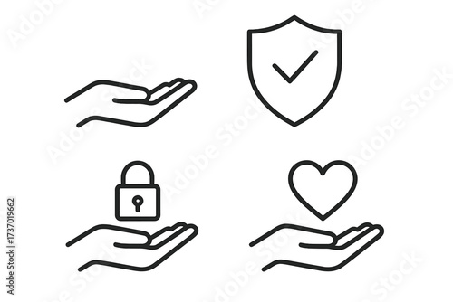 Care and protection icon set. Vector line icons for insurance, safety, security, and health. Hand holding heart, lock, and a shield with checkmark. Trust and support symbol.