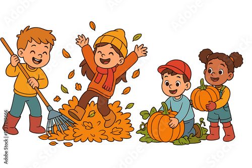 Happy diverse children enjoying autumn. Kids raking leaves, girl jumping in a leaf pile, and pumpkin harvest fun. Cartoon vector illustration set for fall seasonal activities.