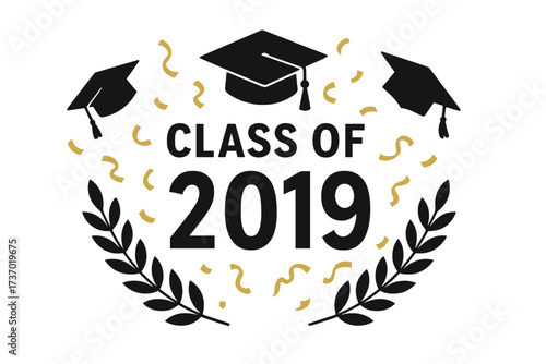 Class of 2019, 2024, 2025 graduation logo. Congrats grad design with cap, tassel and laurel wreath. Vector for party invitation, banner. Academic celebration symbol.