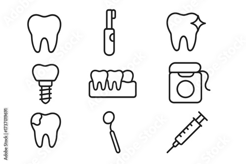 Dentistry line icon set. Dental care and oral hygiene concept. Tooth, implant, caries, floss, electric toothbrush, gum, dentist tool, syringe vector illustration collection.