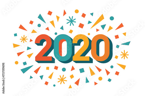 Happy New Year 2020 greeting card. Retro festive background with colorful geometric shapes and numbers. Vintage typography for holiday party invitation, flyer or banner.